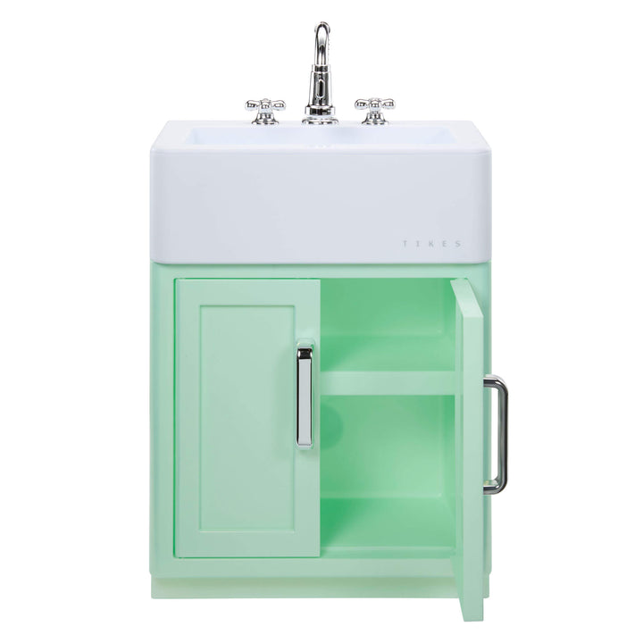 Sink with one door open shown on a white background