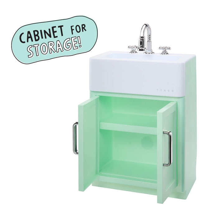 A mint green bathroom vanity cabinet with an open doors showing a white sink basin and chrome faucet. A light blue badge in the top left says 'CABINET FOR STORAGE!'.