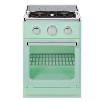 A mint green toy retro-style stove oven with silver knobs and a glass door, shown on a white background 