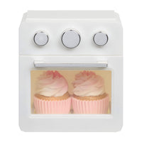 Two cupcakes inside the oven on a white background