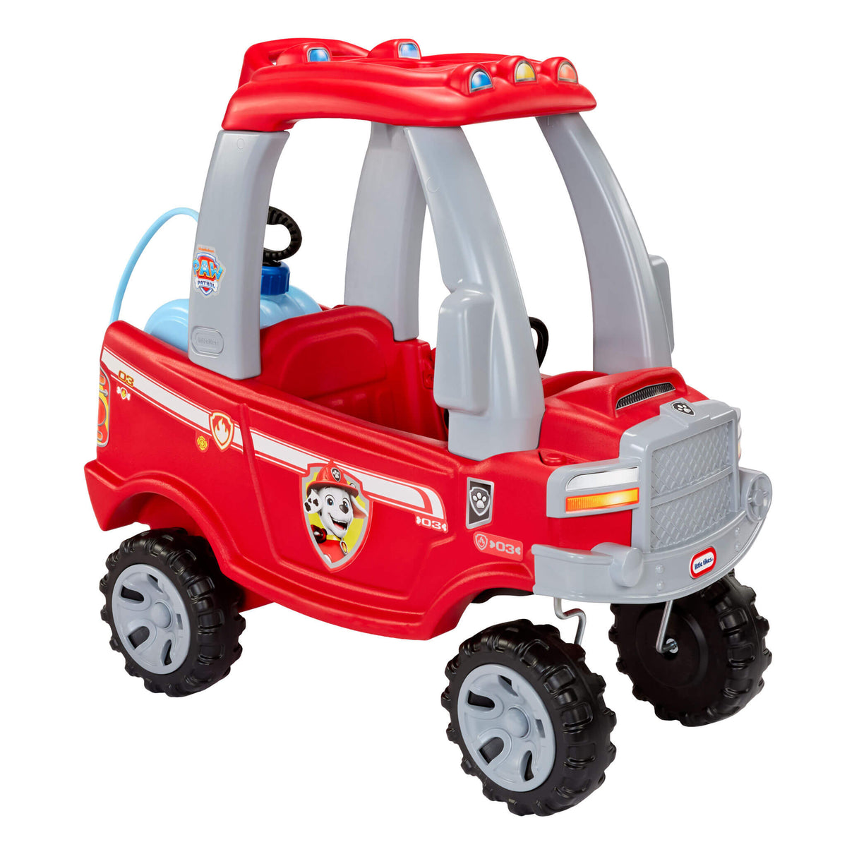 Red and gray looking fire truck with Paw Patrol Marshall decal on the side, with gray hubcaps on a white background