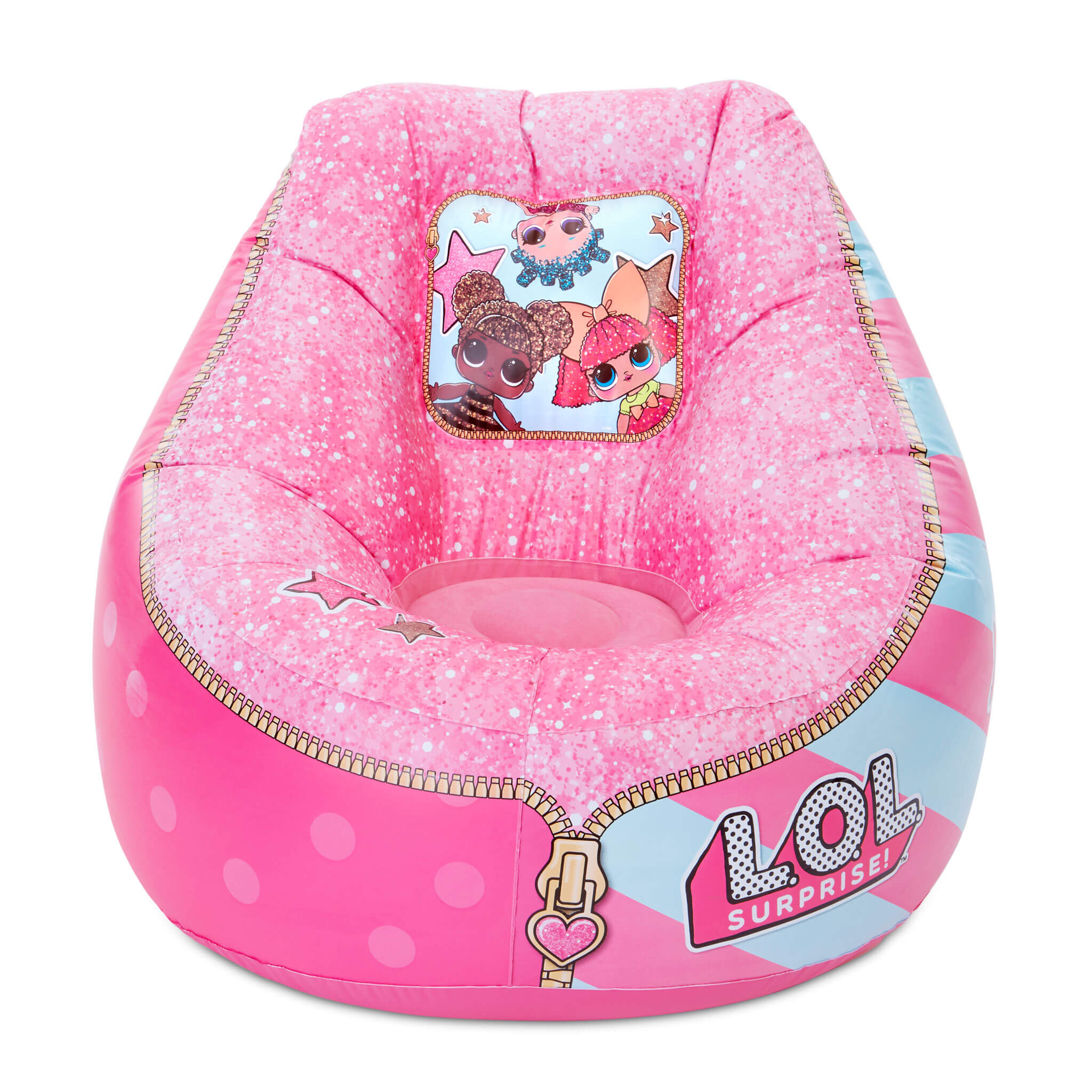 Pink inflatable chair with LOL Surprise design on a white background