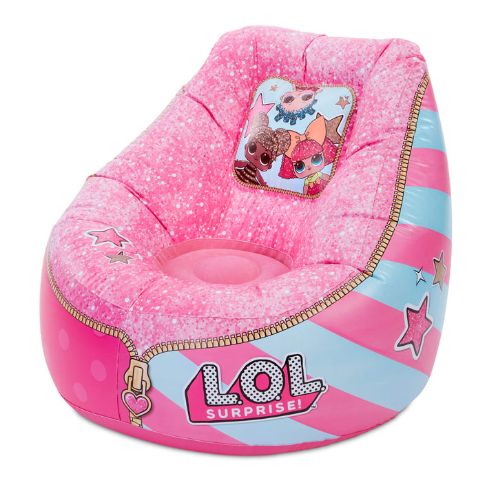 Side view with pink and blue stripes, stars and LOL Surprise text 