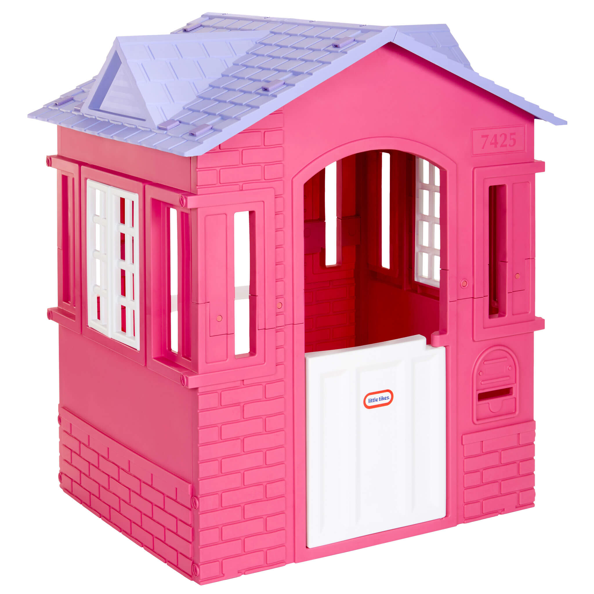 Little Tikes playhouse in pink brick style with a lavender-blue shingled roof and a white front door, shown on a plain white background.