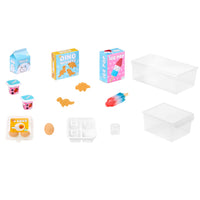 Collection of small toy boxes and items on a white background