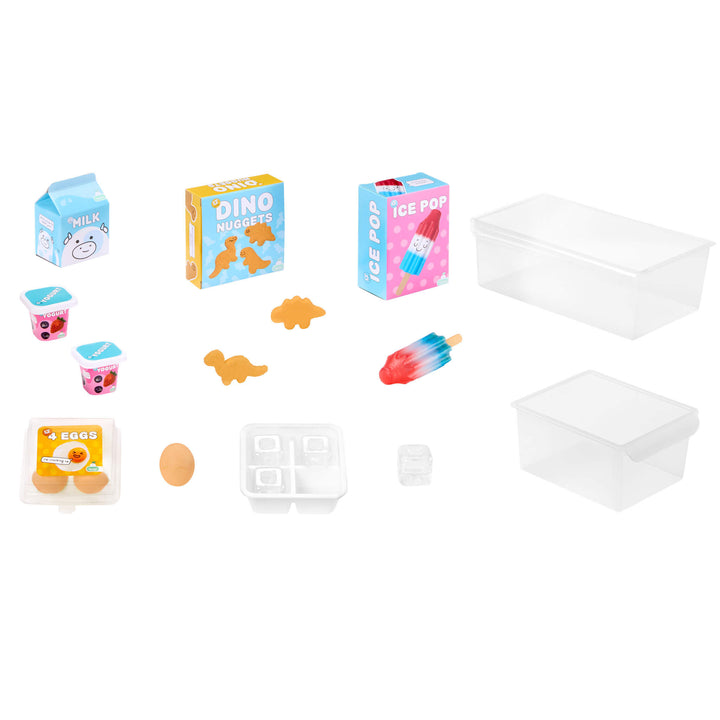 Collection of small toy boxes and items on a white background