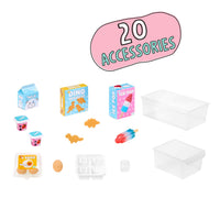 A set of miniature toy food and storage accessories displayed on a white background, with a pink graphic bubble at the top reading '20 ACCESSORIES'. The set includes clear plastic storage bins, toy milk cartons, a dinosaur nuggets, an ice pop box, cups, eggs, and small food pieces.