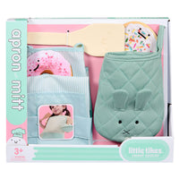 Box of apron and mitt set with cartoon donut design, featuring 'Little Tikes' branding.