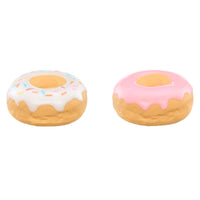 Two donut-shaped toys  with different toppings on a white background