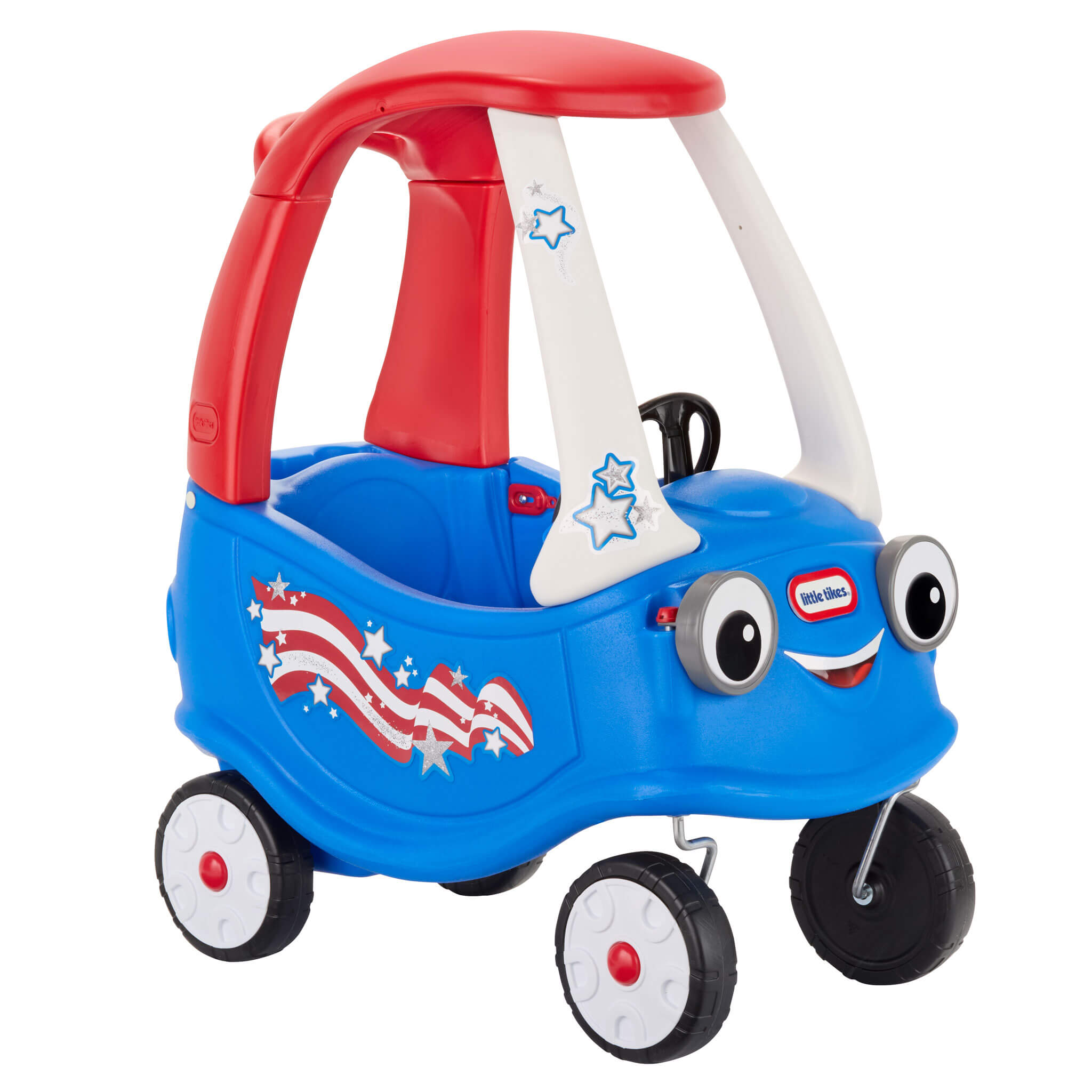 Cozy Coupe with a red roof and American flag design on the door on a white background