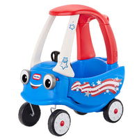 Children's toy car with patriotic design on a white background