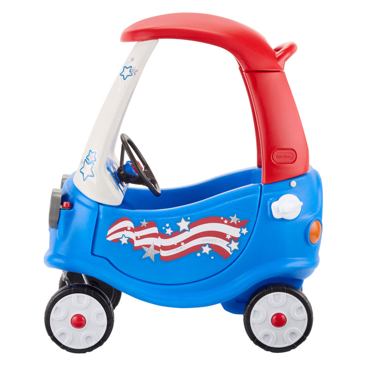 Toy car with red, white, and blue design on a white background