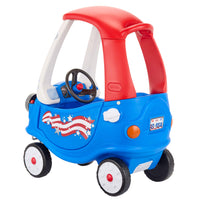 Toy car with red and blue colors and American flag design on a white background