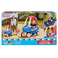 Box of Little Tikes USA Cozy Coupe toy car with images of a child and family, and text 'Road Trip!'.
