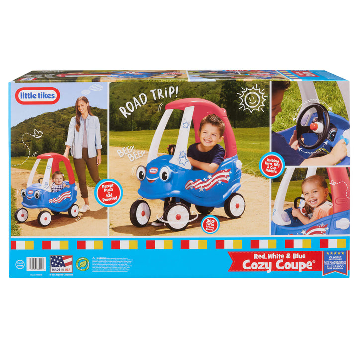 Box of Little Tikes USA Cozy Coupe toy car with images of a child and family, and text 'Road Trip!'.