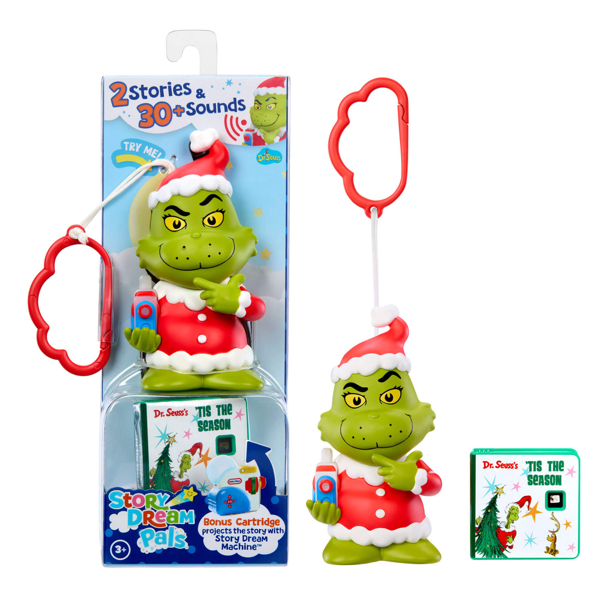 Toy figure of The Grinch and storybook with packaging ,on a white background