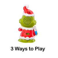 Back of Santa Grinch showing speaker and on/off switch with text '3 WAYS to PLAY'