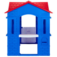 A blue plastic toy house with a red roof, featuring an open back with a mail slot isolated on a white background.