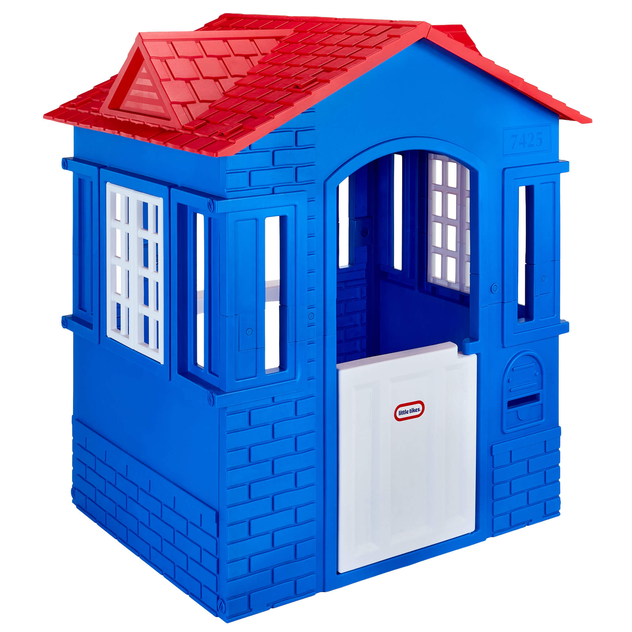 A blue plastic playhouse with a red tiled roof and a white door and mail slot, shown on a plain white background.