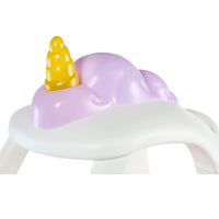 A close-up of a lavender purple unicorn mane and a yellow horn accent, isolated on a white background.