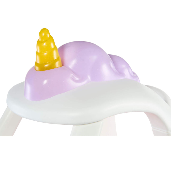 A close-up of a lavender purple unicorn mane and a yellow horn accent, isolated on a white background.