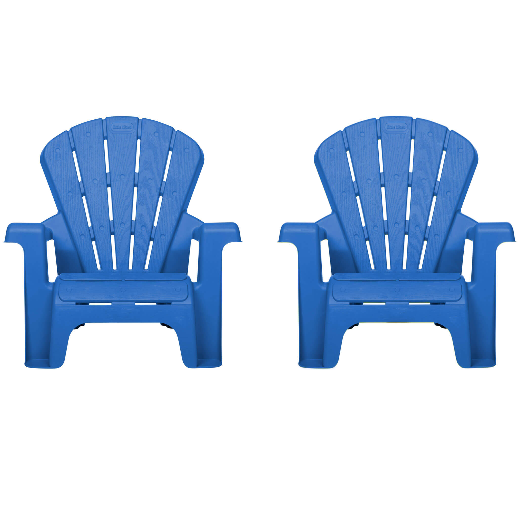 Two blue plastic Adirondack chairs on a white background