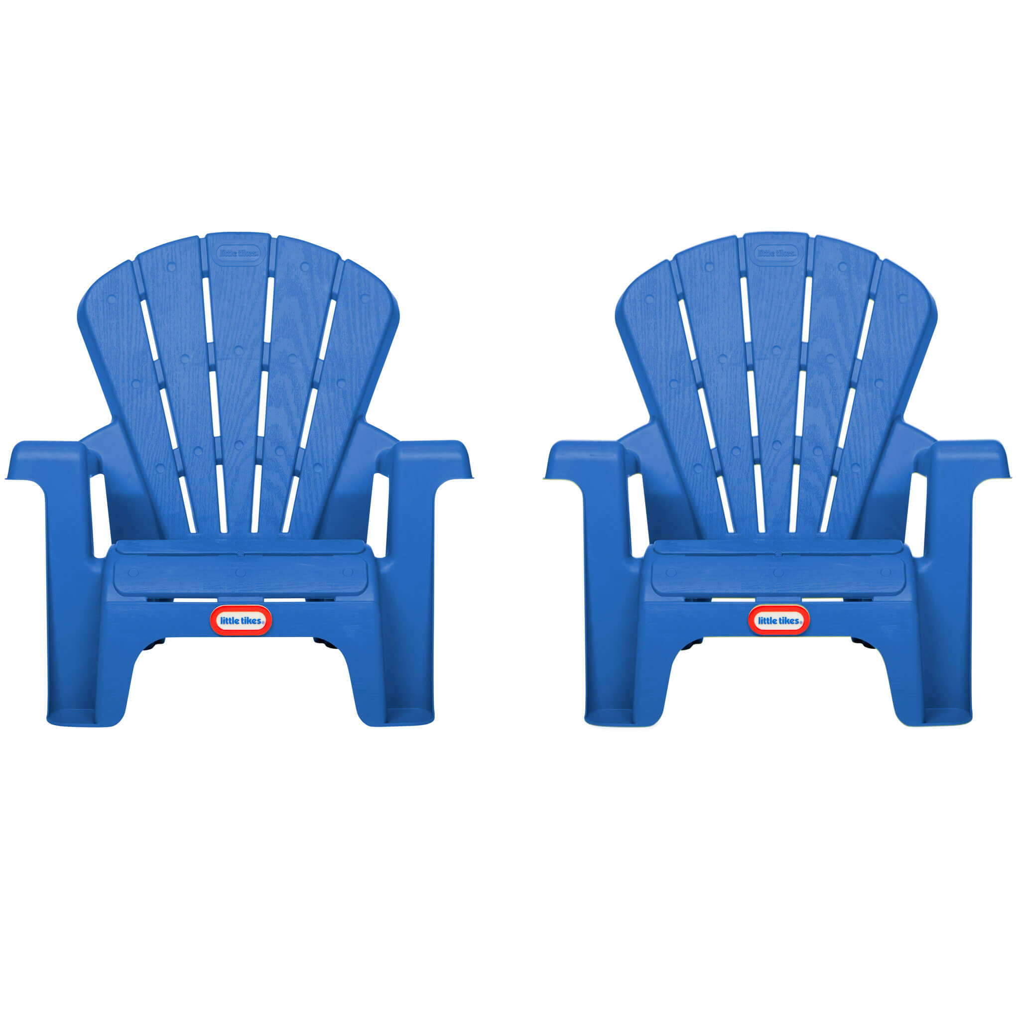 Two blue plastic chairs with a visible Little Tikes logo on a white background