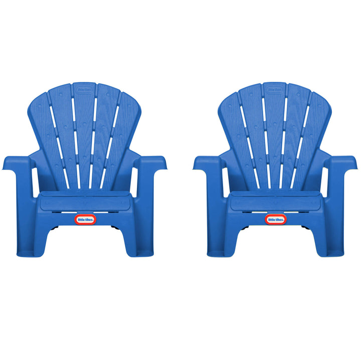 Two blue plastic chairs with a visible Little Tikes logo on a white background