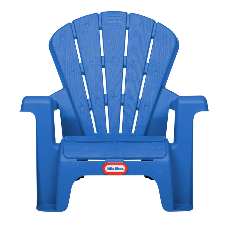 Blue plastic chair with Little Tikes logo on a white background