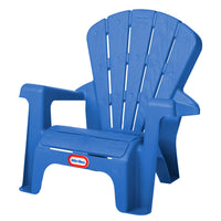 Blue plastic chair with a visible brand logo on a white background