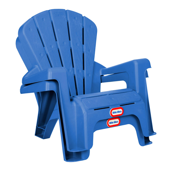 Two stacked blue plastic chairs with a visible brand logo on a white background
