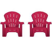 Two red Adirondack chairs on a white background