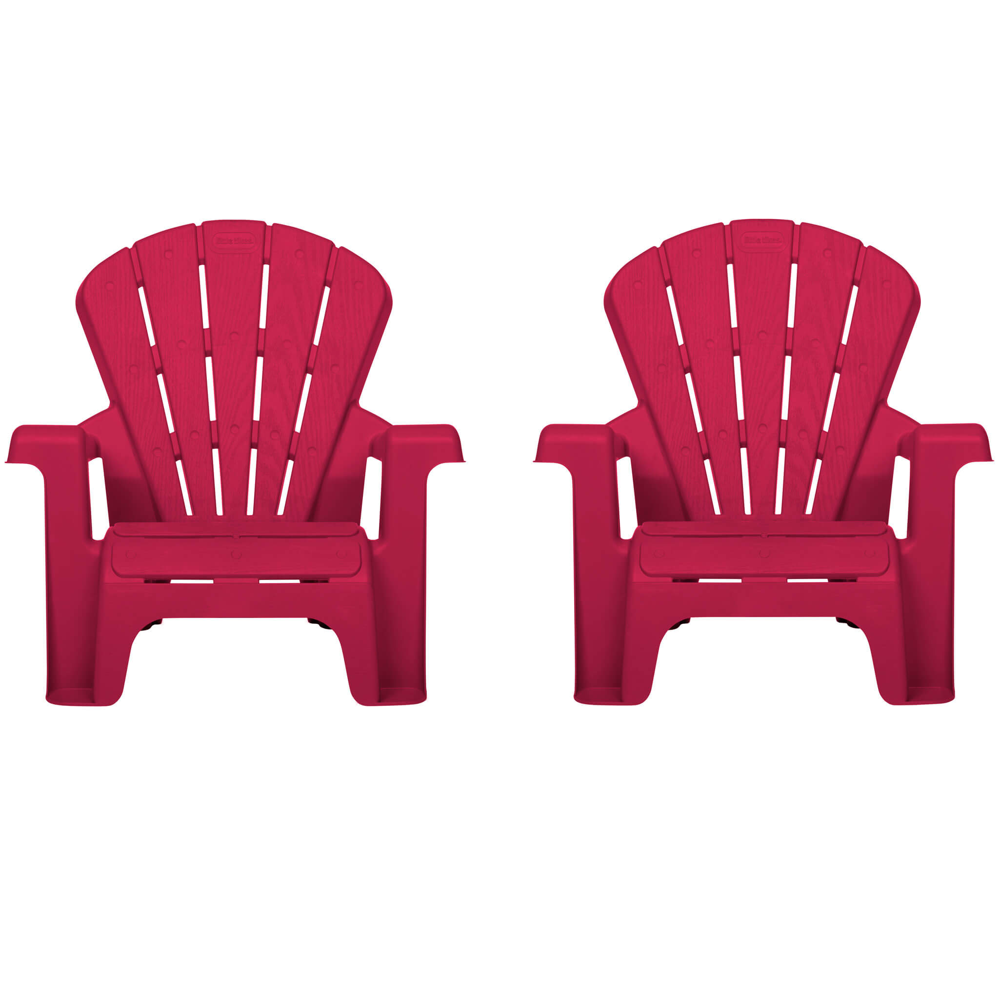 Two red Adirondack chairs on a white background