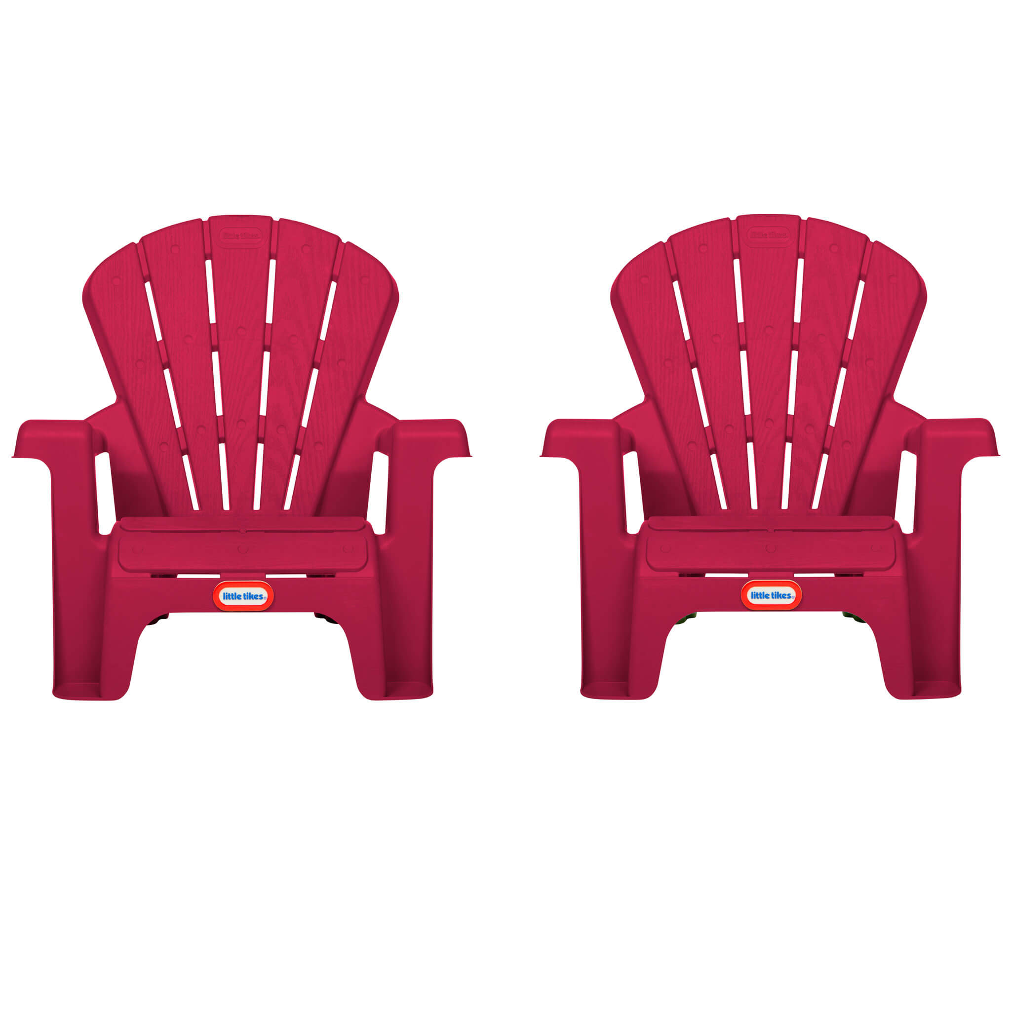 Two red Adirondack chairs with a visible Little Tikes logo on a white background