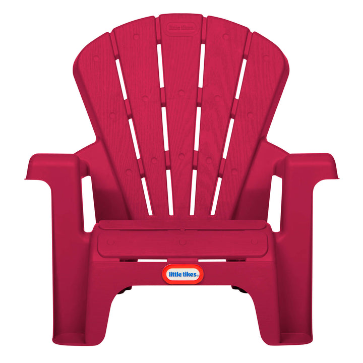 Red plastic chair with 'Little Tikes' logo on a white background