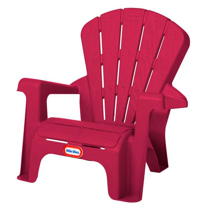 Red plastic chair with a visible brand logo on a white background