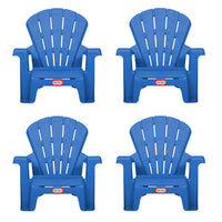 Four blue plastic chairs with Little Tikes logos on a white background