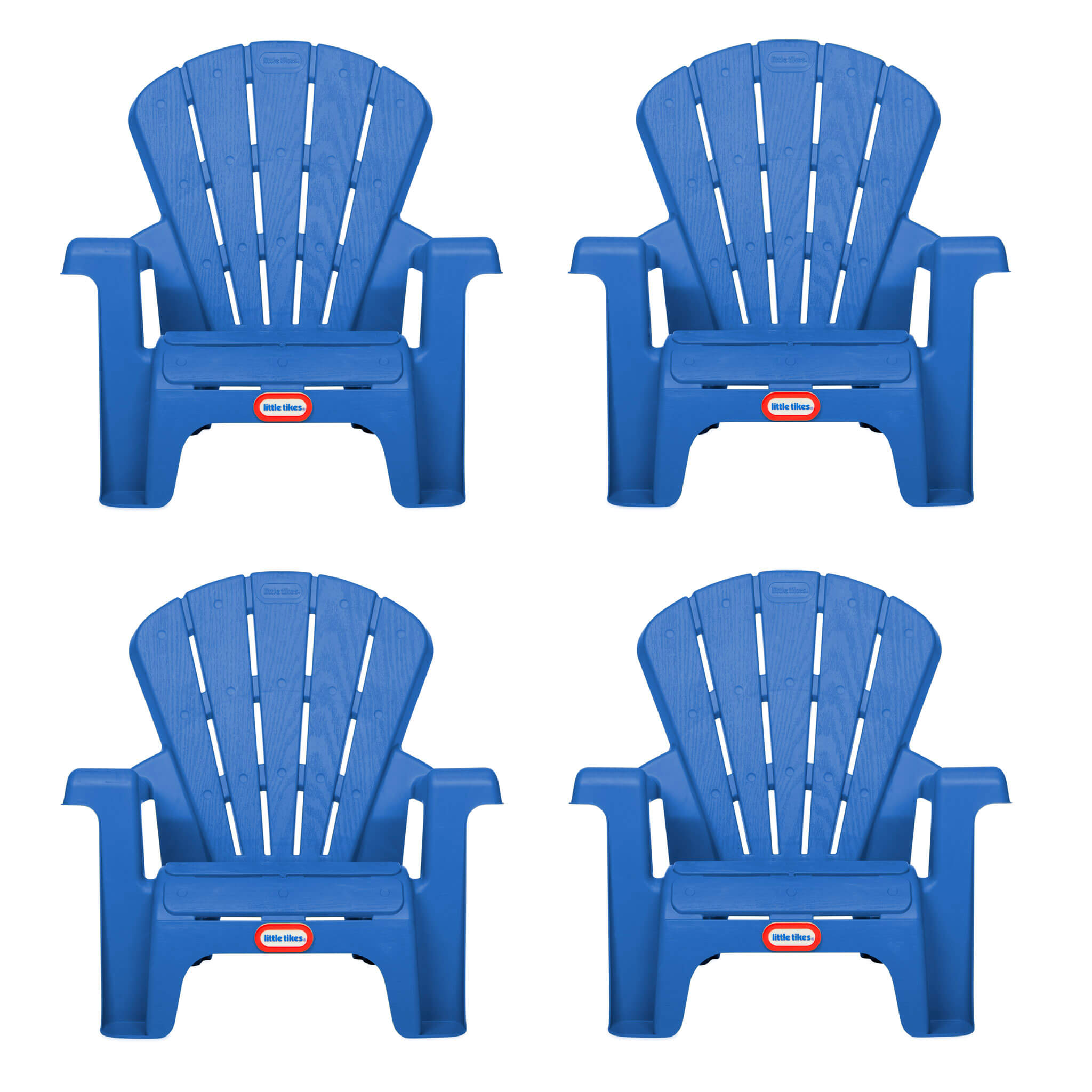 Four blue plastic chairs with Little Tikes logos on a white background