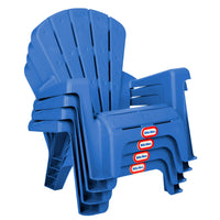 Stack of four blue plastic chairs with visible brand labels on a white background
