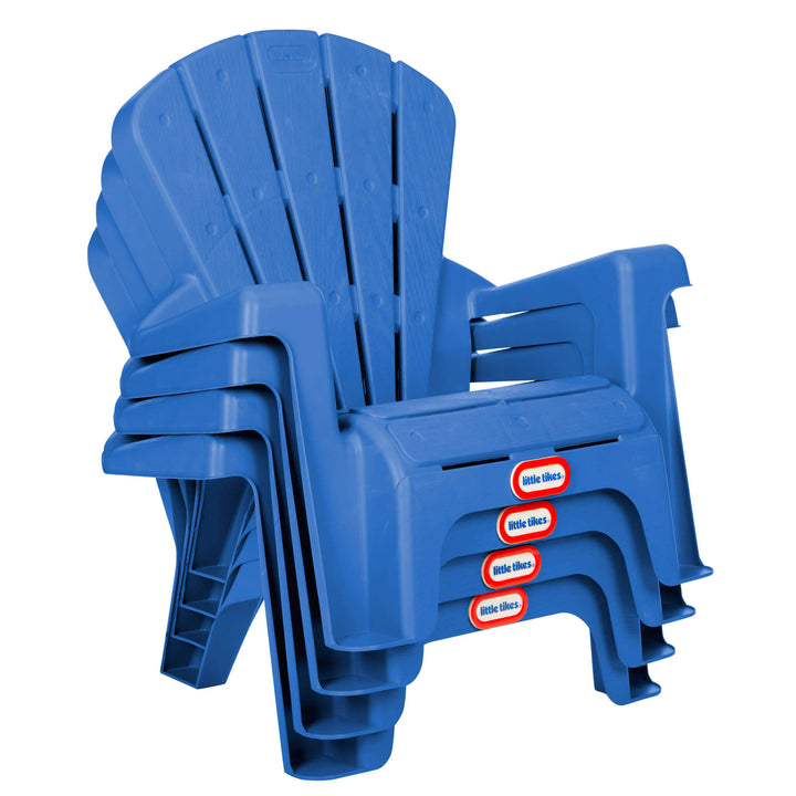 Stack of four blue plastic chairs with visible brand labels on a white background