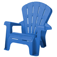 Blue plastic Adirondack chair on a white background