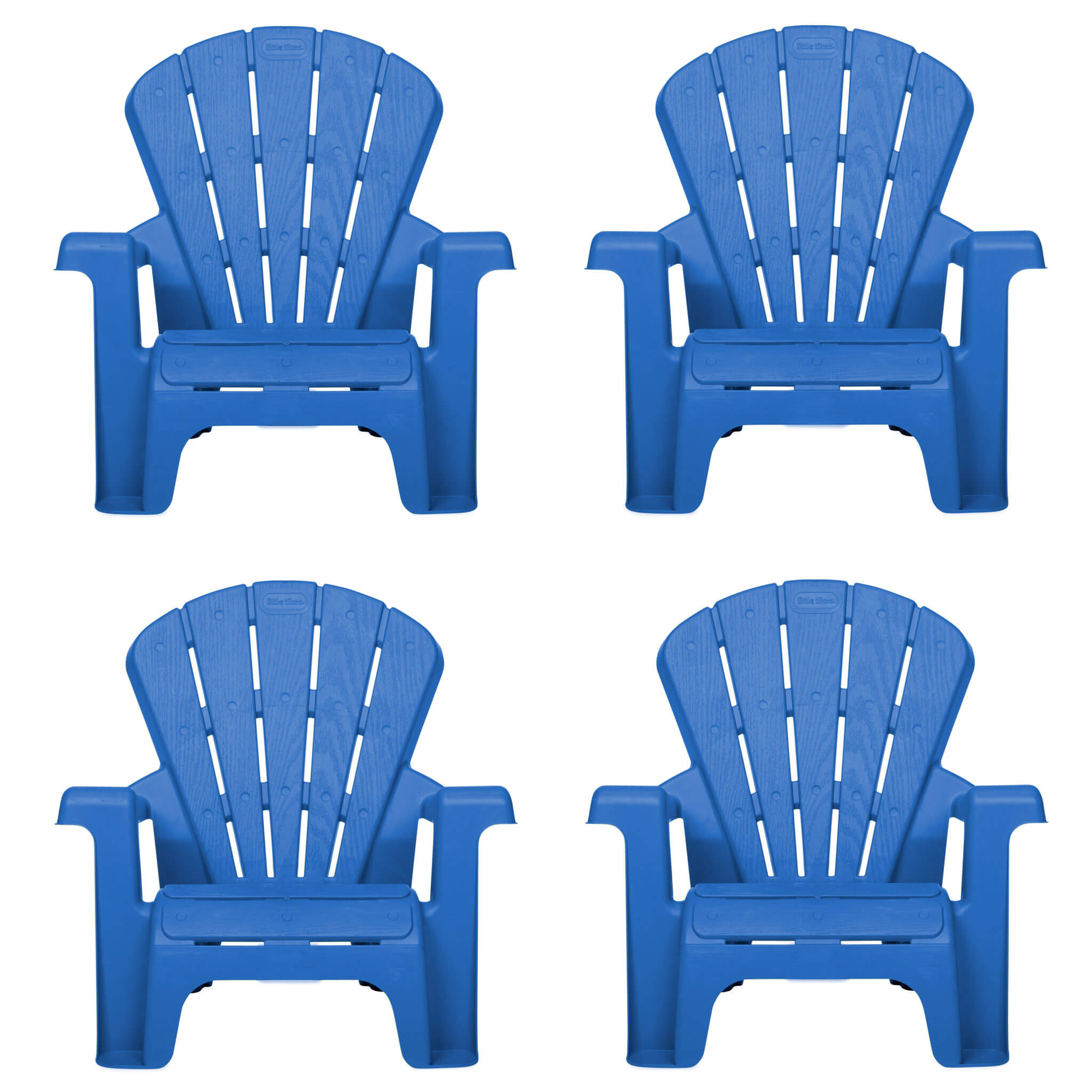 Four blue Adirondack chairs on a white background