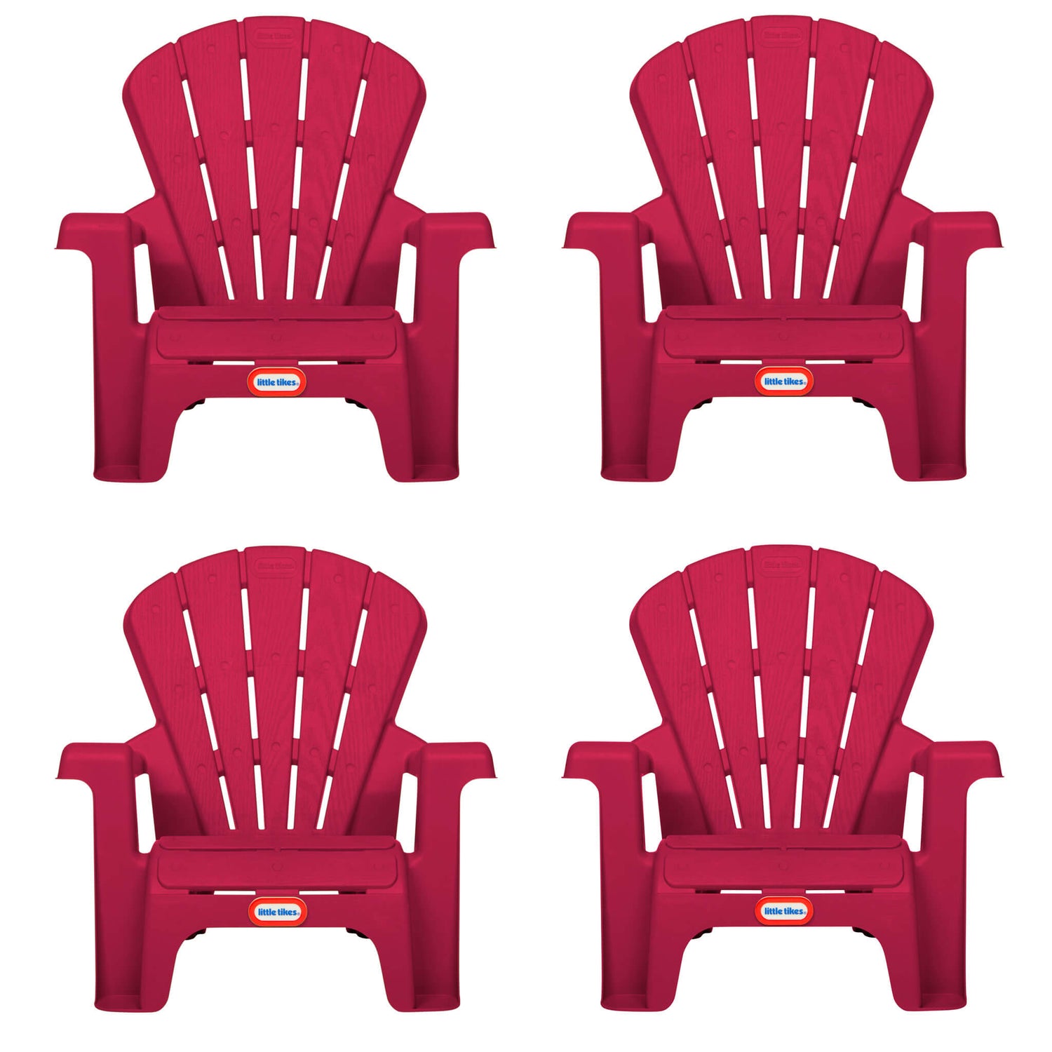 Four red plastic chairs with a visible Little Tikes logo on a white background