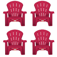 Four red plastic chairs with a visible Little Tikes logo on a white background