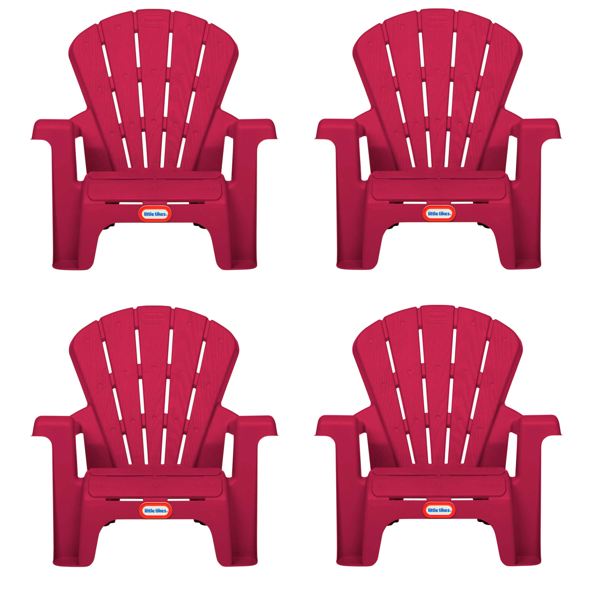 Four red plastic chairs with a visible Little Tikes logo on a white background