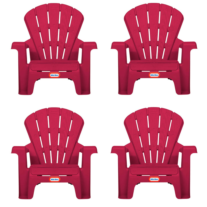 Four red plastic chairs with a visible Little Tikes logo on a white background