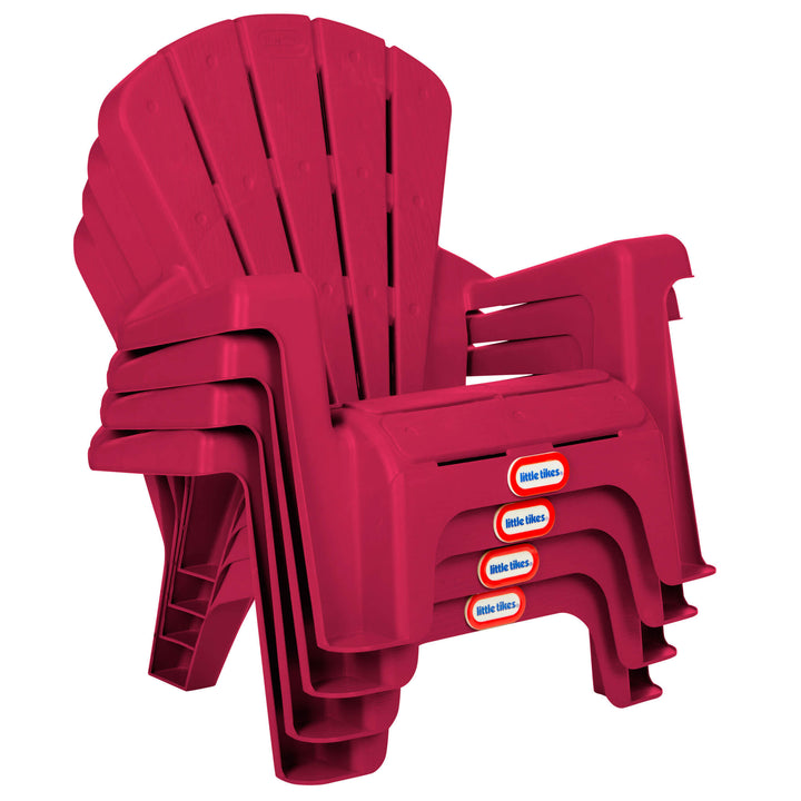 Stack of four red plastic chairs with 'Little Tikes' labels on a white background