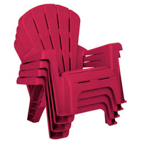 Stack of four red plastic chairs on a white background