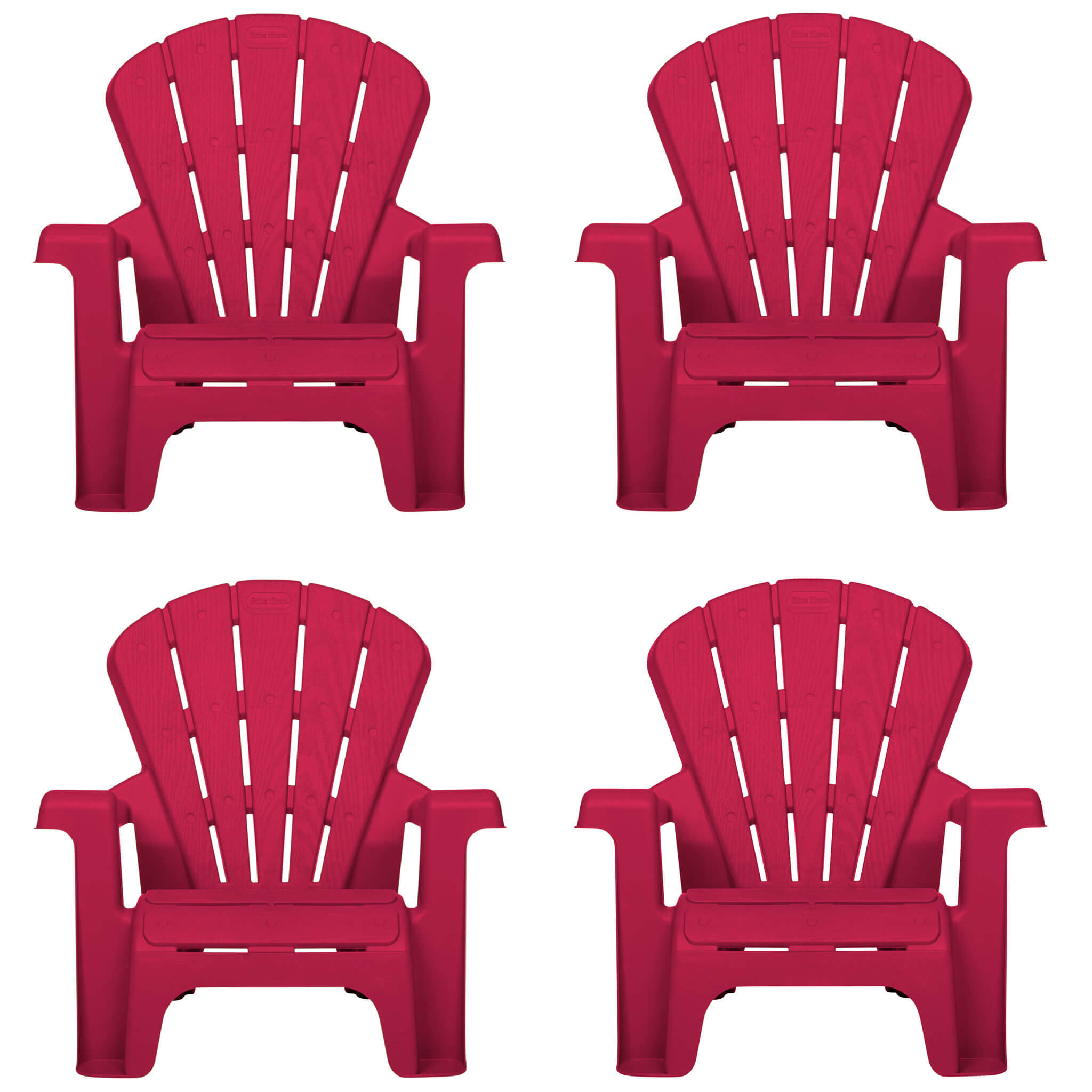Four red Adirondack chairs on a white background