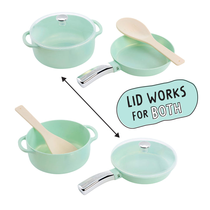 A set of pastel mint green children's play cookware, including two pots with wooden spoons, two shallow pans with silver handles, and a text bubble that reads 'LID WORKS FOR BOTH' with an arrow pointing to the pots, on a white background.